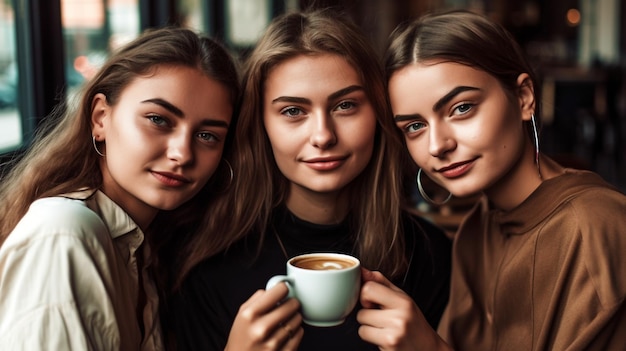 Photo at a coffee cafe three young women relax with a cup of coffee generative ai