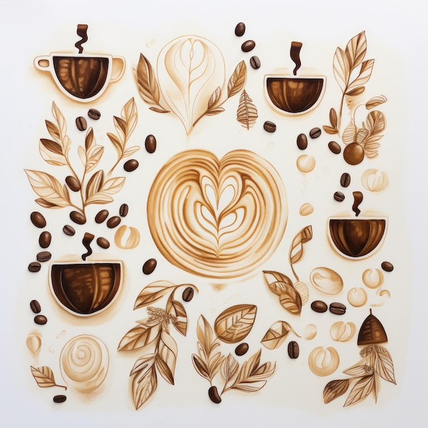 Coffee Canvas Embracing Beans Outlines and Latte Art on a Light Beige Background