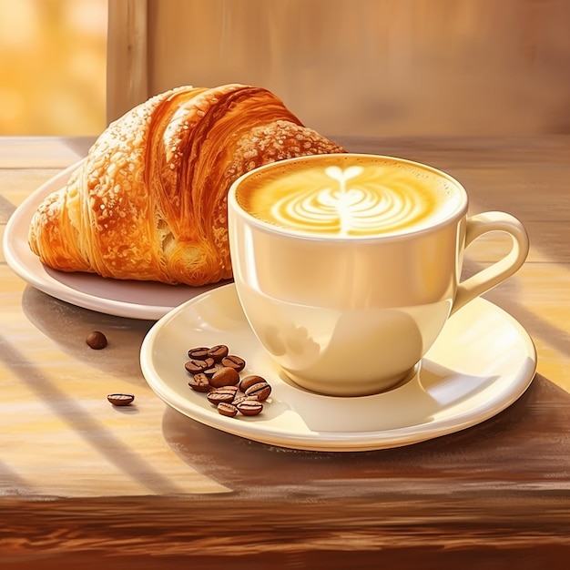 Coffee cappuccino ochtend met croissant