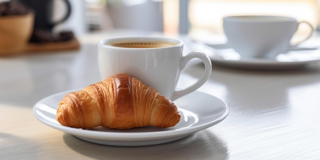 Light morning Breakfas Generative AI 레스토랑의 흰색 접시에 크루아상을 곁들인 커피 카푸치노
