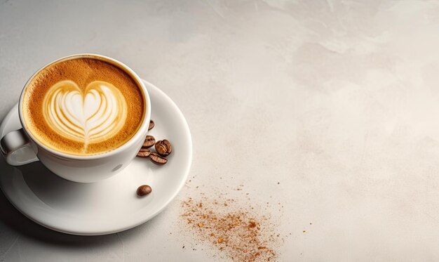 Coffee cappuccino with heart shape and white cup on cream colored background generative AI