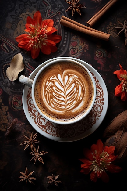 Coffee cappuccino with latte art brown color