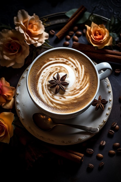 Coffee cappuccino with latte art with anise brown color