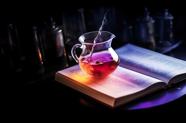 Coffee in cezve glass and open colorful book