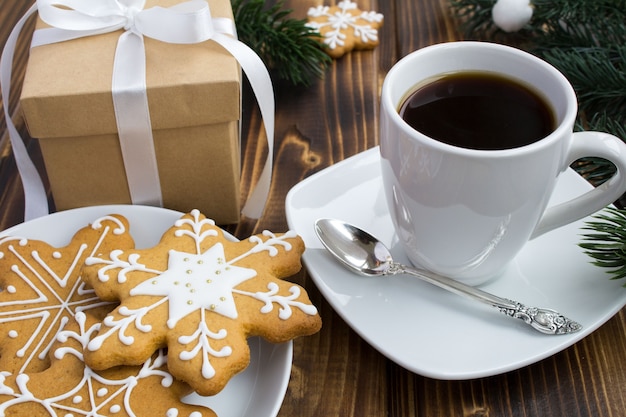 Coffee, Christmas gift and cookies