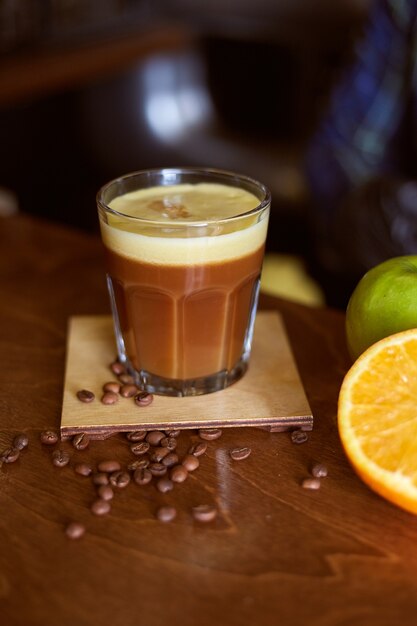 Coffee cocktail. Espresso with Orange & Apple juice