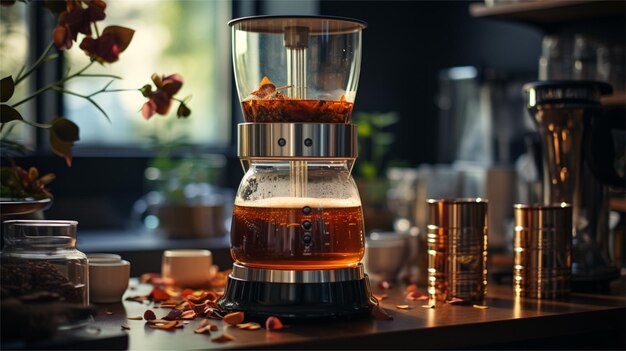 coffee and coffee beans sit on a table with flowers