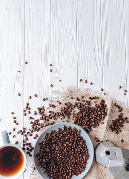 coffee and coffee beans on white background