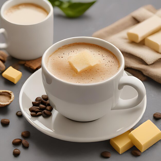 Photo coffee and coffee with cheese and coffee beans on a table