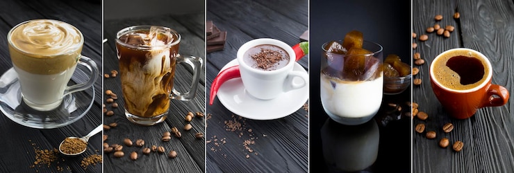 Фотография кофейный коллаж различные виды кофе на черном деревянном фоне