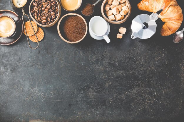 Photo coffee composition on dark background flat lay