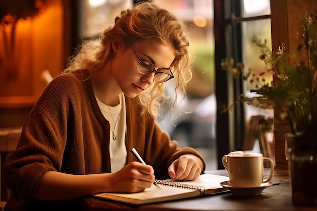 Фото Кофе творчество и созерцание путешествие вдумчивой женщины через ручку и бумагу