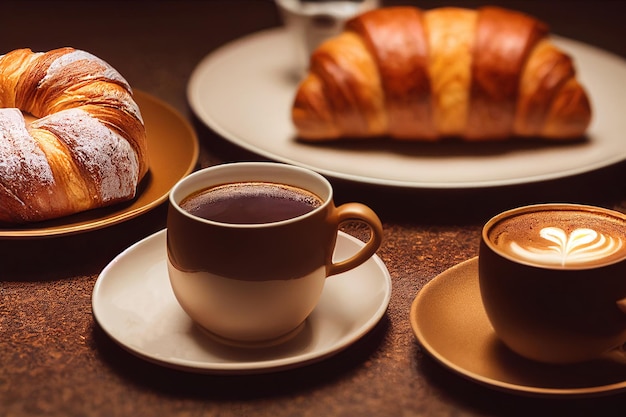 Coffee and croissant on table for restaurant menu 3d illustrated