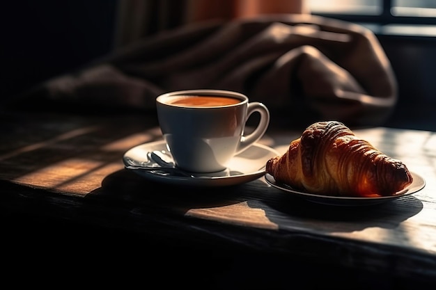 coffee and croissants on table