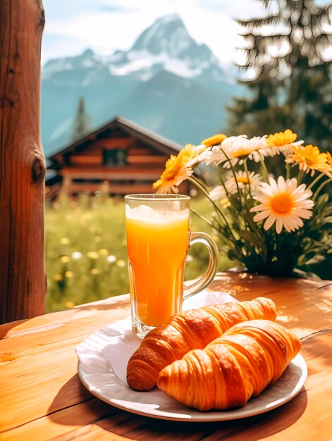 Foto caffe' e croissant sulla terrazza di una capanna di montagna.