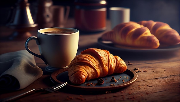 Coffee and croissants on a wooden table with a bookgenerative ai