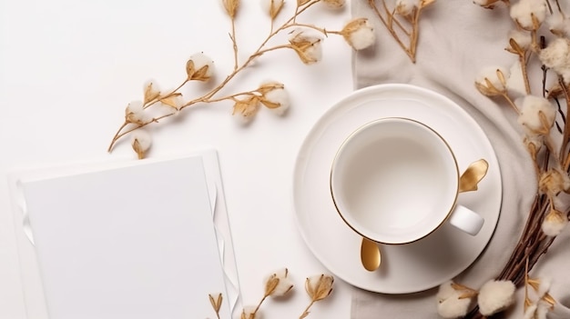 Фото Кофейная чашка и пустая бумажная карточка на бежевом столе с эстетической теней солнечного света минималистская