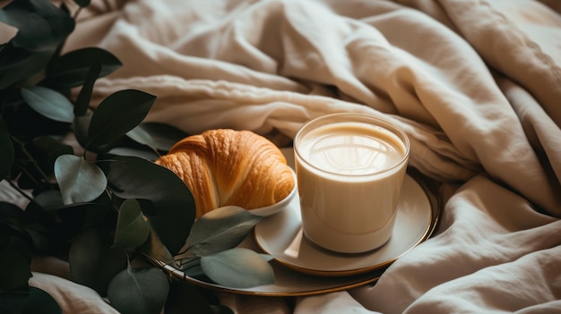 Фото Кофейная чашка и круассанты помещены в подносы на кровати.