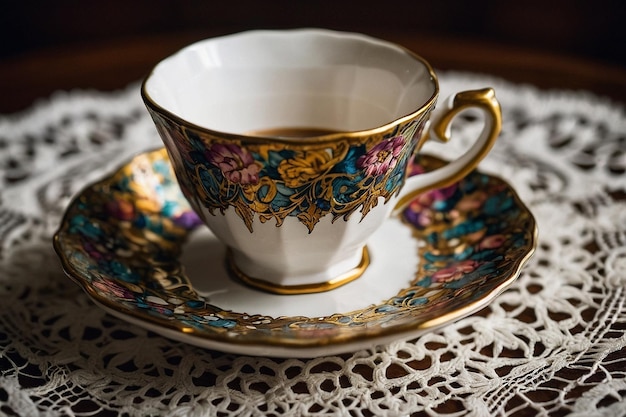 Coffee Cup on Antique Saucer with Lace