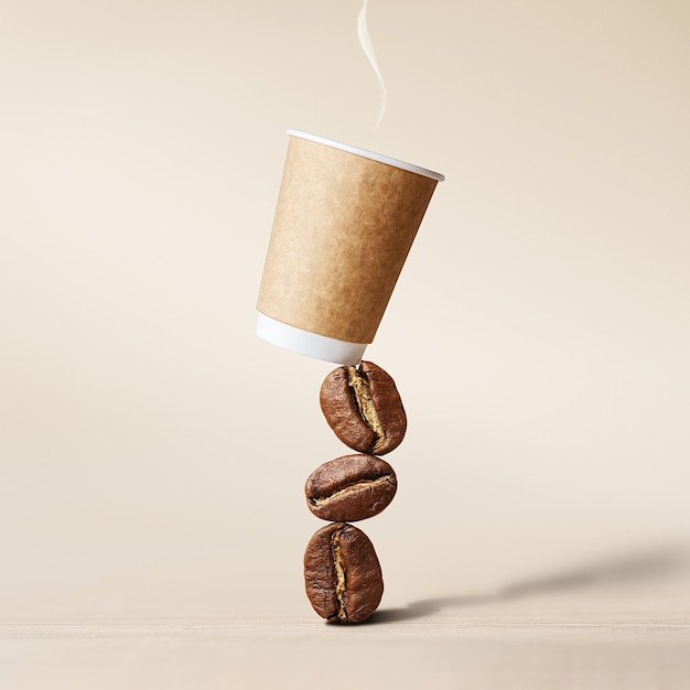 Coffee cup balancing on coffee beans. Mockup of a coffee cup on a beige background.