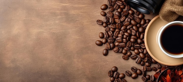 Photo coffee cup beans banner free space text mockup fast food top view professional phonography