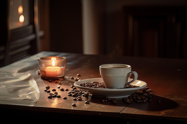 The coffee cup and beans on the cozy wooden table AI Generated