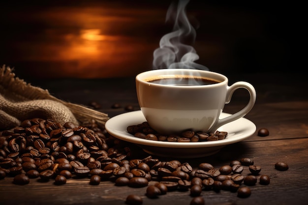 Coffee cup and beans on dark textured background