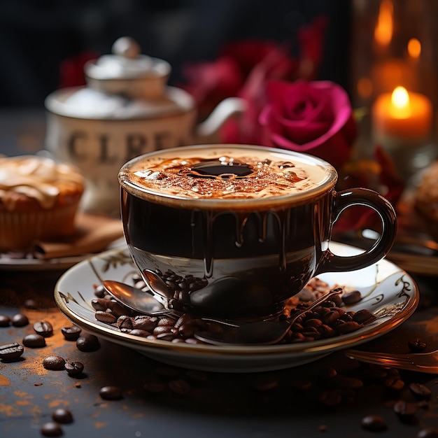 Coffee cup and beans frame on wooden table against a background of sunlight