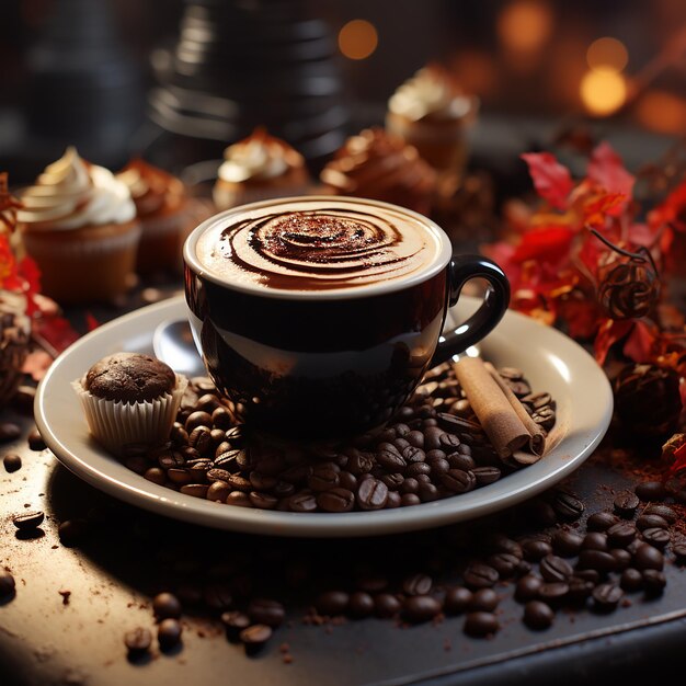 Coffee cup and beans frame on wooden table against a background of sunlight