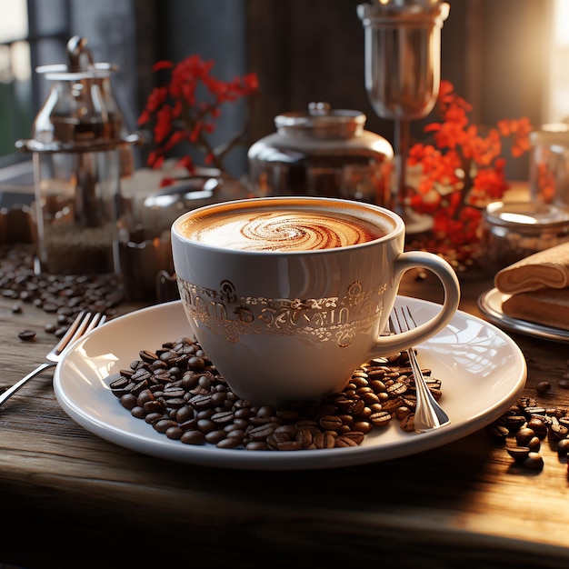 Coffee cup and beans frame on wooden table against a background of sunlight