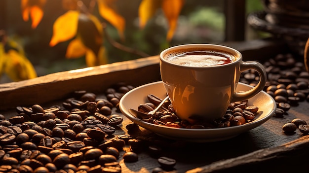 Coffee cup and beans frame on wooden table against a background of sunlight