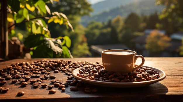 Coffee cup and beans frame on wooden table against a background of sunlight