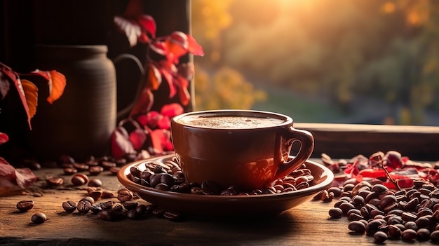 햇빛을 배경으로 나무 테이블에 있는 커피 컵과 콩 프레임