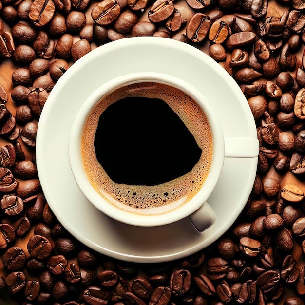 Coffee cup and beans frame on wooden table