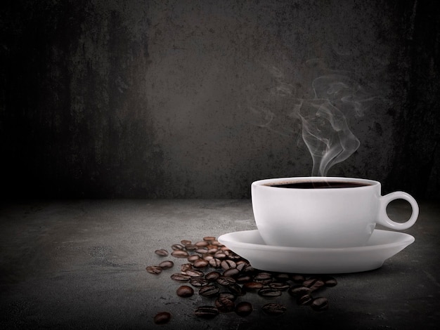 Coffee cup and beans on old Cement floor copy space for your text