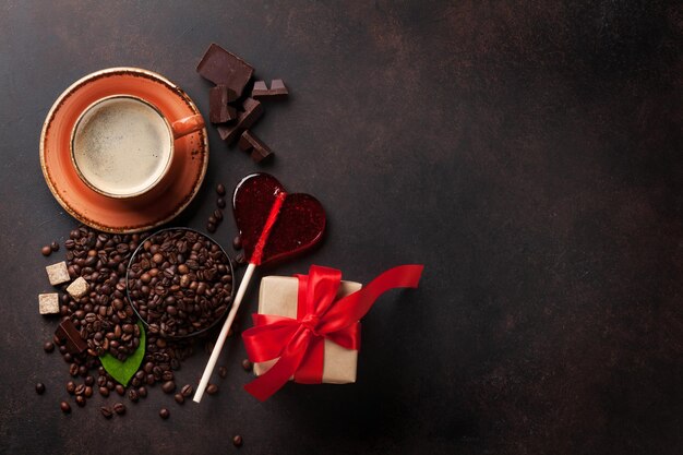 Coffee cup beans and Valentines day gift box