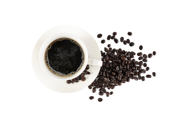 Coffee cup and beans on a white background