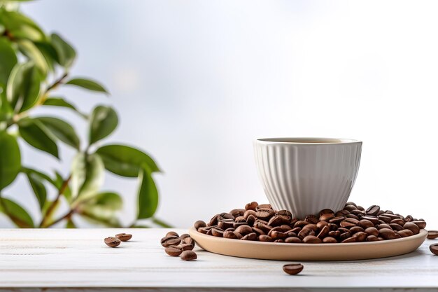 Coffee cup and beans on white wooden table