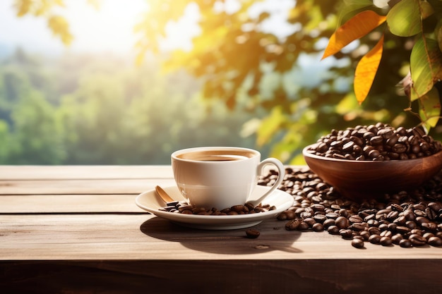 コーヒー カップと自然の背景を持つ木製のテーブルの上の豆