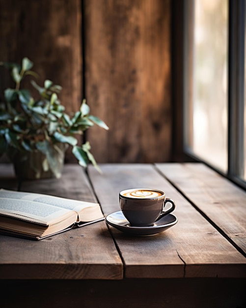 coffee cup and book on rustic wooden table