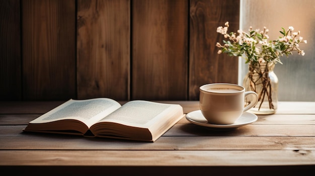 coffee cup and book on rustic wooden table