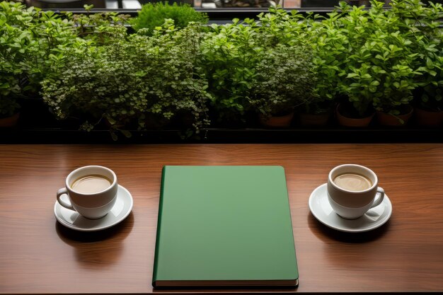 A coffee cup and a book on a table