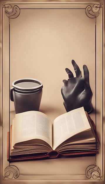 Coffee cup and book on vintage background Retro style