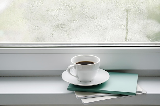 Coffee cup and books on windowsill Cozy minimal still life against wet window Rest and reading at rainy day