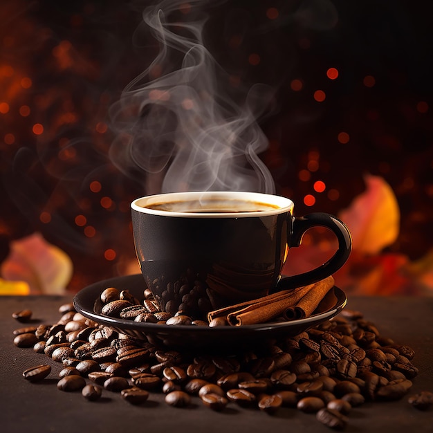 Coffee cup in a cafe with coffee fog coffee beans catchy colors