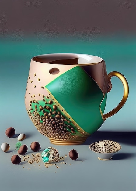 Кофейная чашка и шоколадные конфеты 3D-иллюстрация