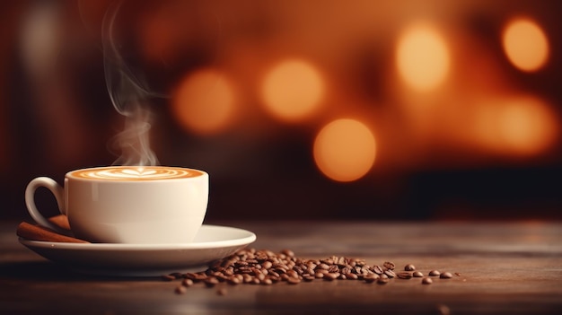 Coffee cup and coffee beans on blurred restaurant background