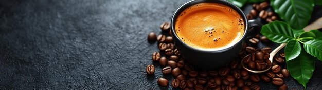 Coffee cup and coffee beans on dark background Top view with copy space