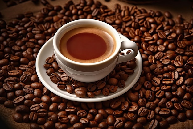 Coffee Cup and Coffee Beans Espresso Coffeecup on Brown Coffe Grains Background White Coffee Mug