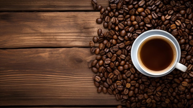 Coffee cup and coffee beans on old wooden background